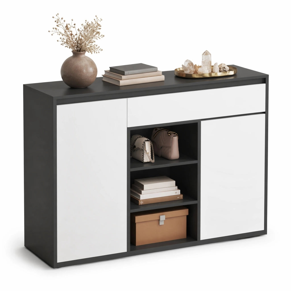 Scarpiera a 2 ante con cassetto e LED; bianco e nero; 105x39;5x86 cm