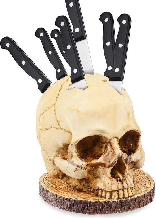 Organizzatore di coltelli con forma di teschio zombie per la conservazione in cucina - organizzatore di coltelli horror - supporto per coltelli gotici - gadget per Halloween.