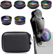 Set di Lenti Mobili Universali 7 in 1 – Clip-on – Adatto per iPhone, Samsung e Android – Angolo Ampio, Macro, Occhio di Pesce, CPL (Nero)