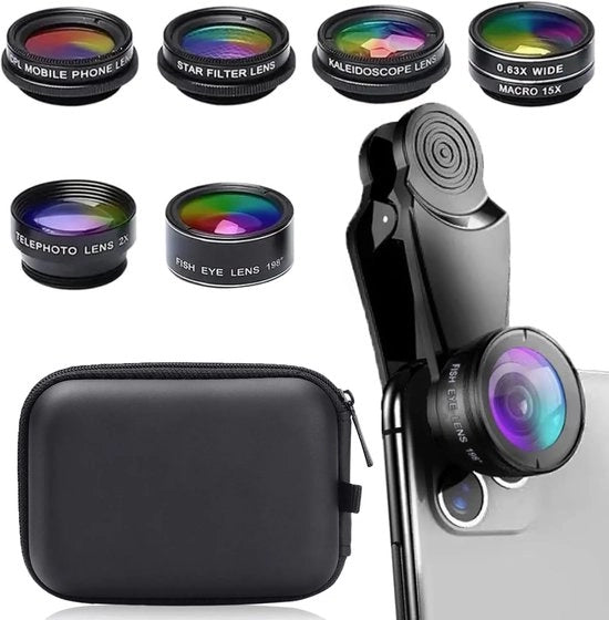 Set di Lenti Mobili Universali 7 in 1 – Clip-on – Adatto per iPhone, Samsung e Android – Angolo Ampio, Macro, Occhio di Pesce, CPL (Nero)