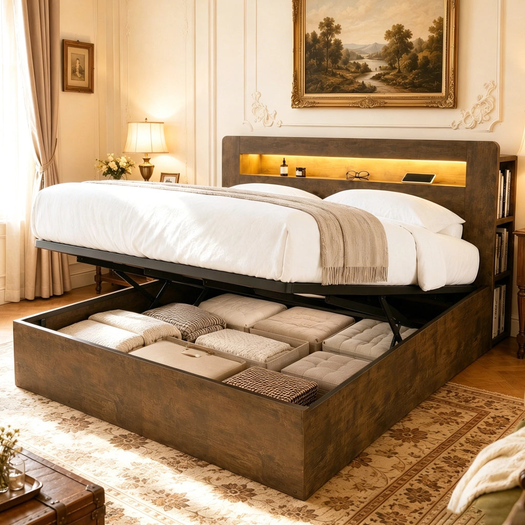 Letto Contenitore Letto Matrimoniale 180x200 cm; LED; Prese e Mensole in Legno