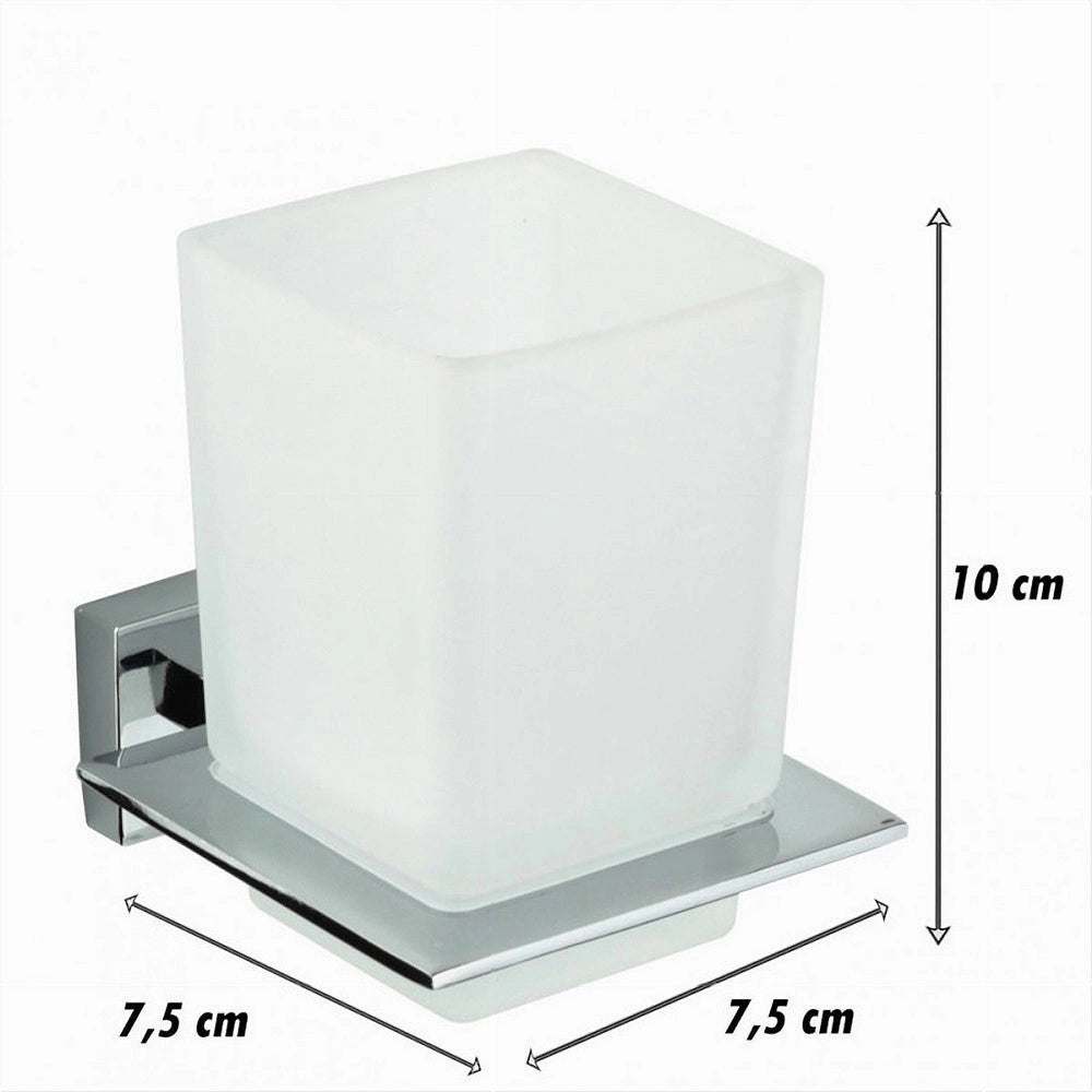 Trade Shop - Porta Spazzolini Dentifricio Con Bicchiere Vetro Parete Arredo Bagno Cubo 87213 -