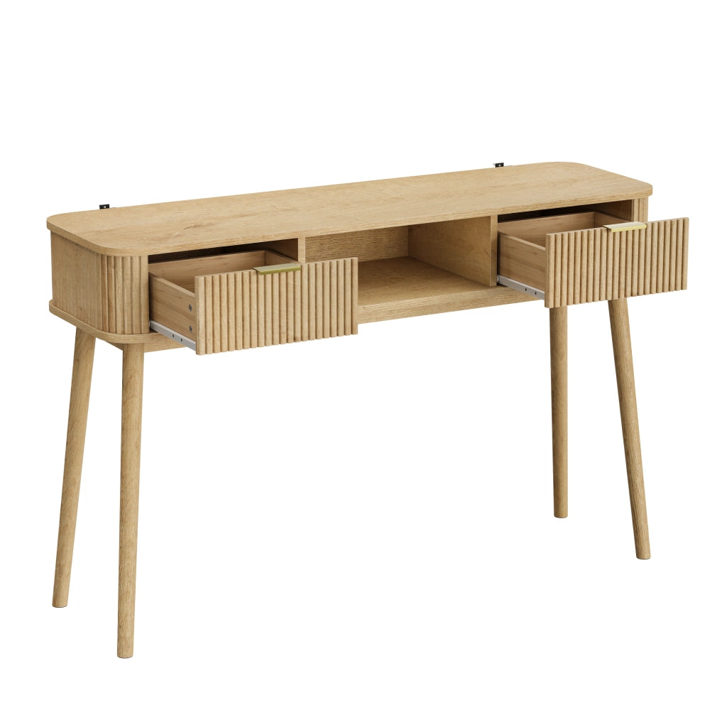 Consolle con 2 cassetti e ripiano aperto in MDF rovere