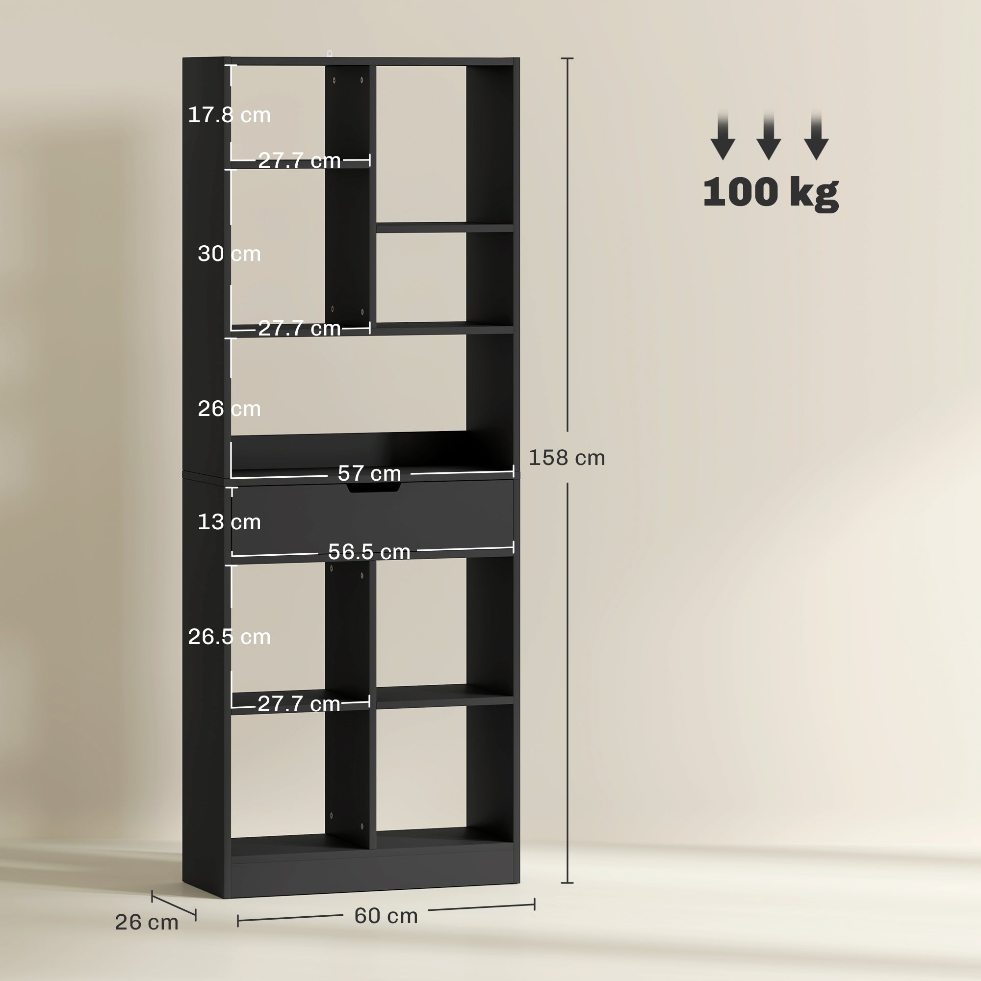 Libreria Moderna 60x26x158 cm con Cassetto Centrale e Kit Antiribaltamento in Legno Nero