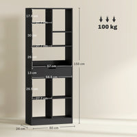 Libreria Moderna 60x26x158 cm con Cassetto Centrale e Kit Antiribaltamento in Legno Nero