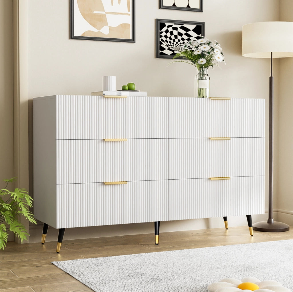 Credenza moderna bianca 120 cm con 6 cassetti; in truciolare; con dettagli oro