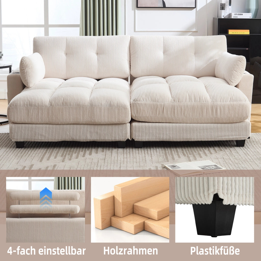 DIVANO Modulare 224x140x81 cm in Corduroy Beige Divisibile in 2 Sedute