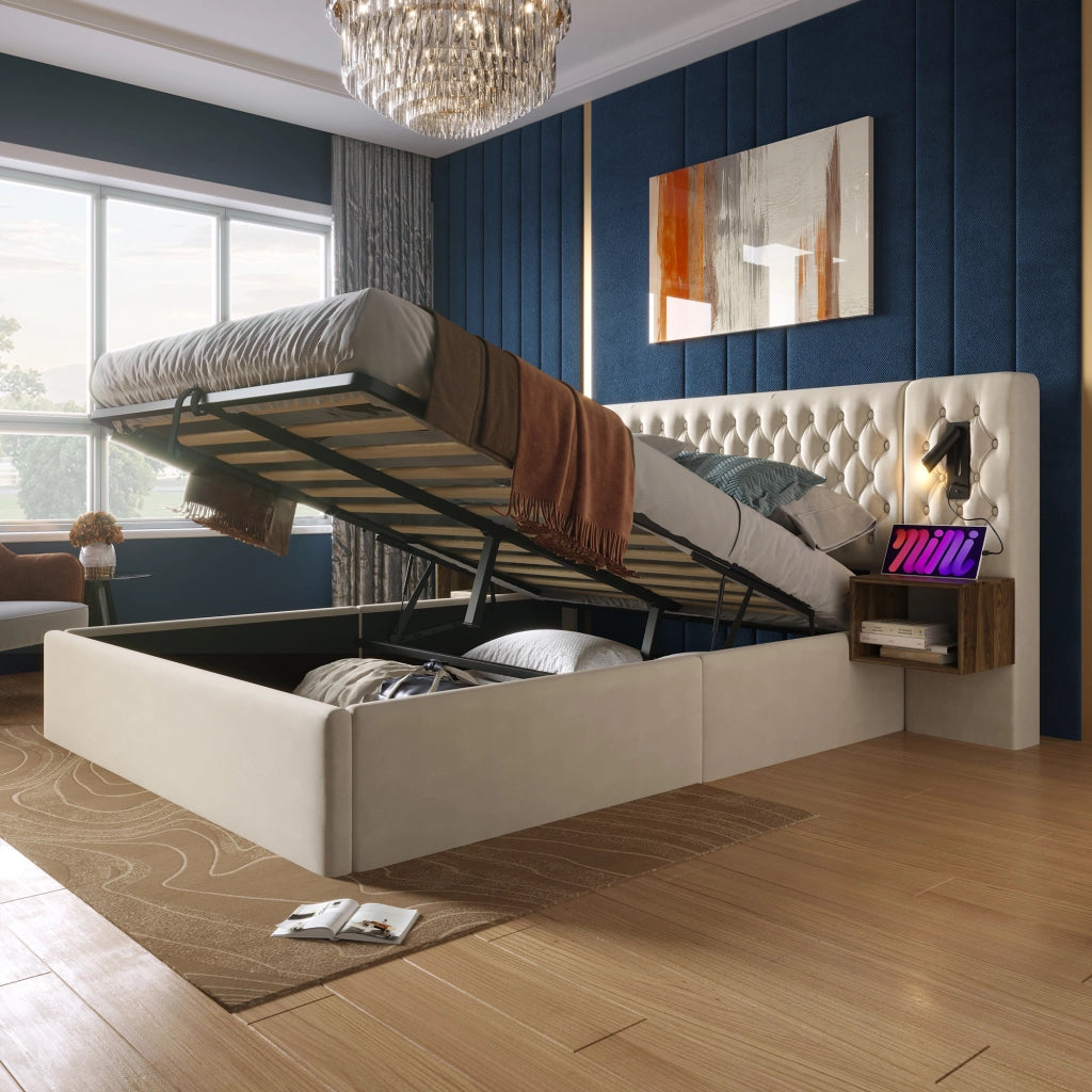 Letti contenitori 160x200 cm con comodini; contenitore idraulico e luci lettura; velluto beige (Senza materasso)