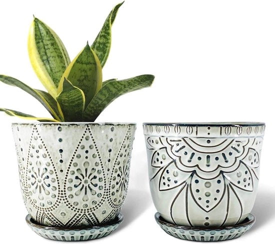 Set di vasi per piante in ceramica da 15 cm - insieme di 2 vasi con foro di drenaggio e coperchio - per interni ed esterni - bianco