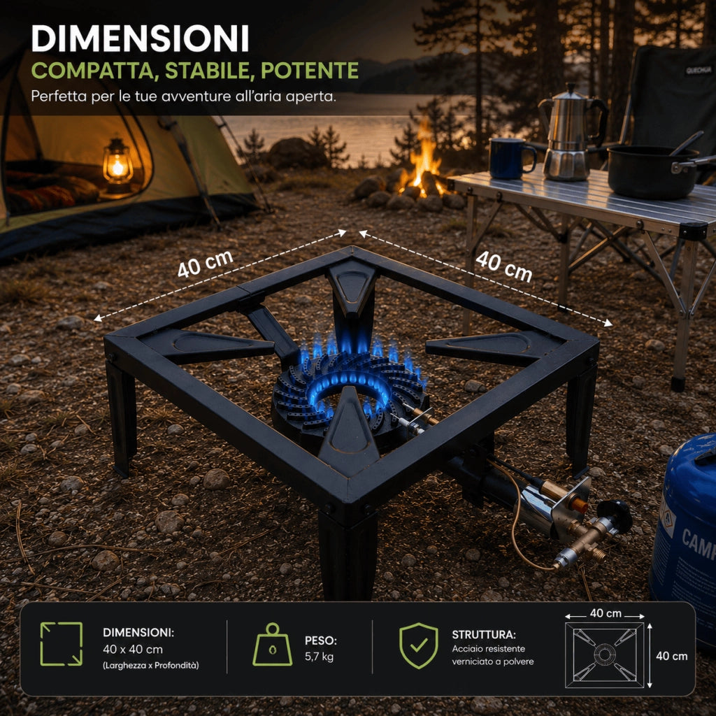 Fornellone a Gas GPL 40x40 cm, 4 Piedi 7,5 kW con Piezo e Termocoppia, Bruciatore Ø170 mm