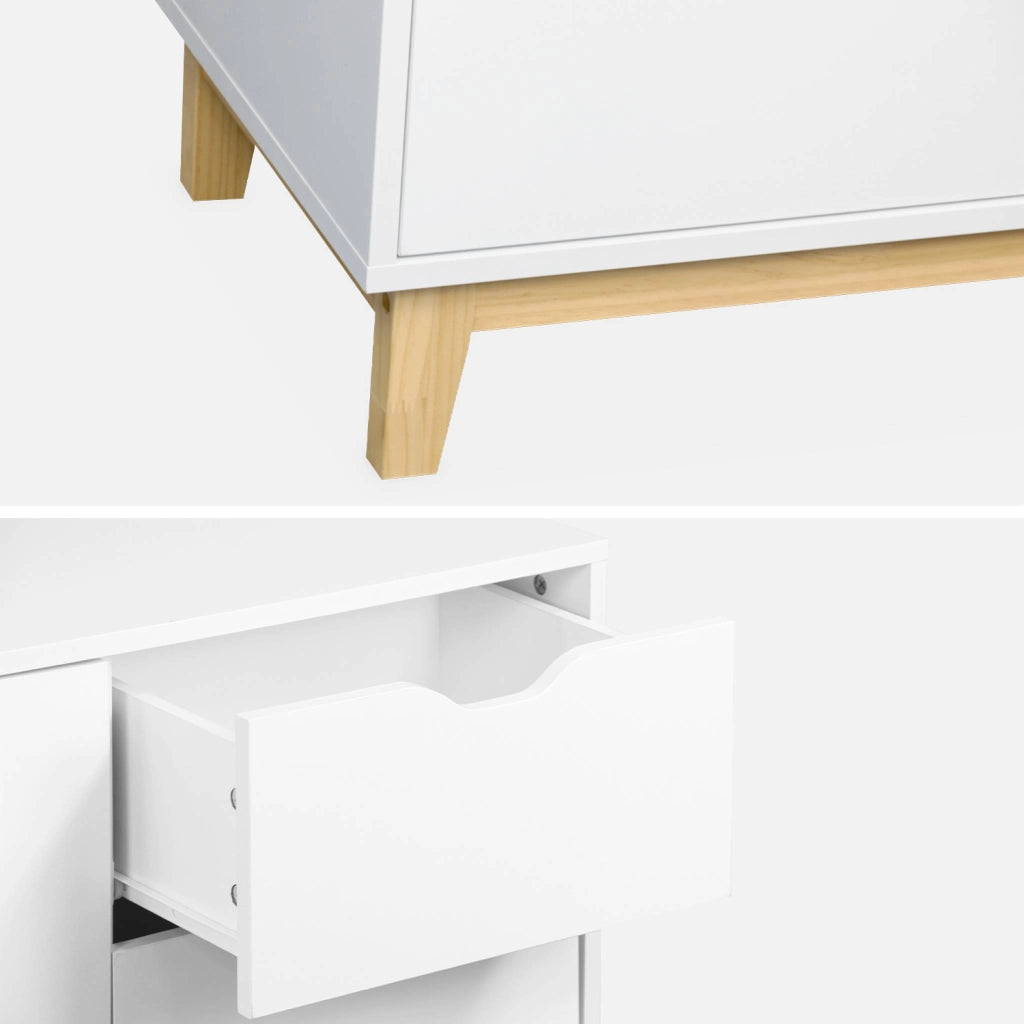 Credenza effetto legno con gambe in legno 2 ante, 120cm, bianco