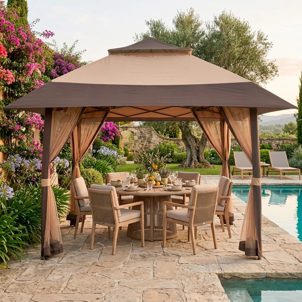 Gazebo Outdoor 4 X 4 Metri Con Zanzariere Tetto Esteso E Altezza Regolabile Da 2.7 X 2.9 M Apertura Rapida E Borsa Di Trasporto Inclusa Per Eventi Piscina Campeggio Feste Kaki