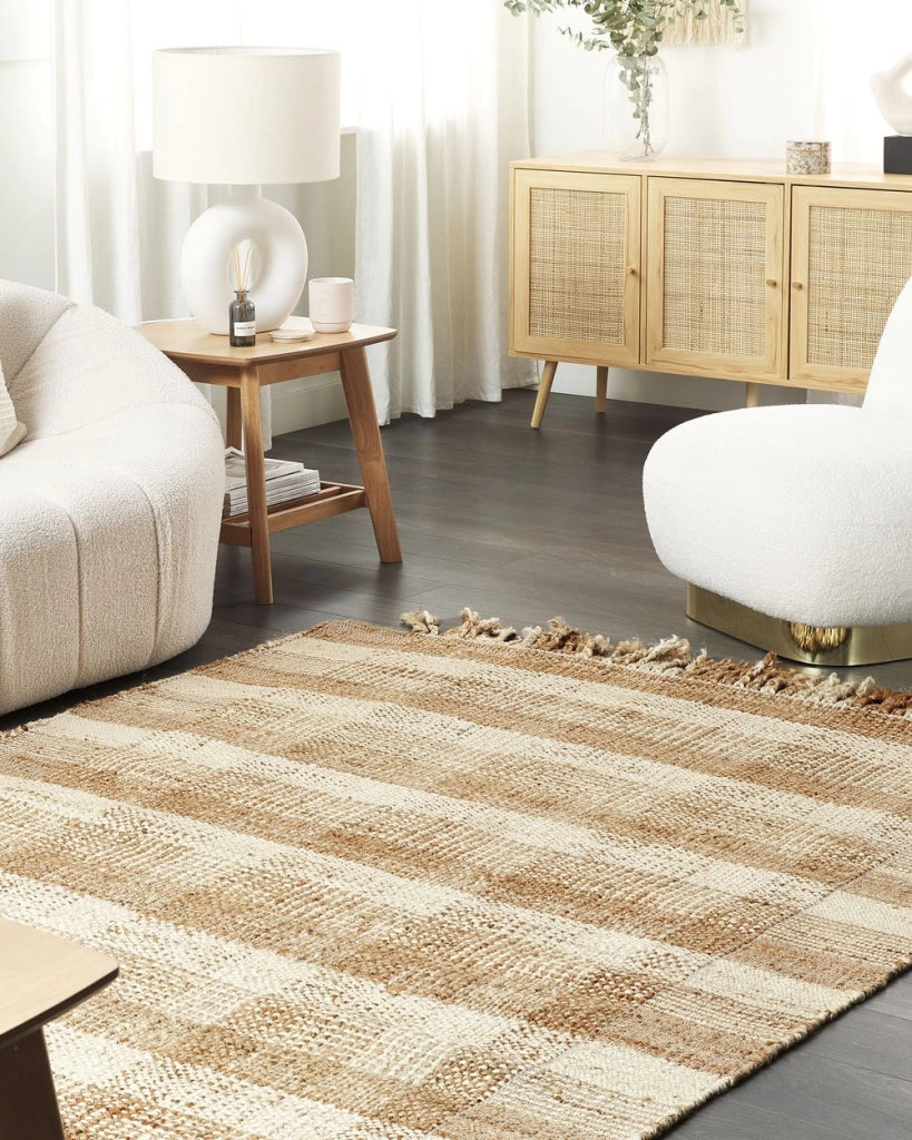 Tappeto in juta beige 140 x 200 cm con nappe motivo geometrico intrecciato a mano stile bohémien per soggiorno camera da letto