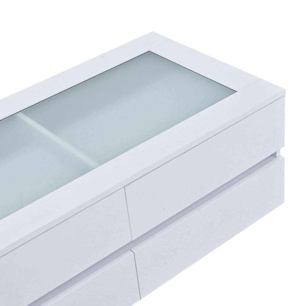 Tavolino da caffè 100x50x40 cm con 4 cassetti; LED; piano in vetro temperato; truciolare bianco
