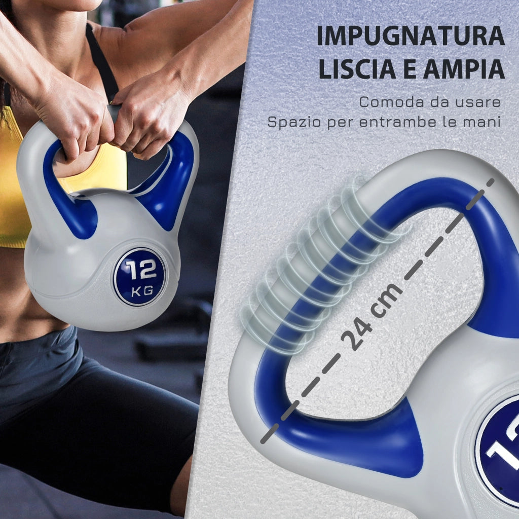 EasyComfort Kettlebell 12kg in PU e Sabbia con Base Piatta e Impugnatura per Stacchi, Squat e Sollevamenti, 24x17x28 cm, Blu