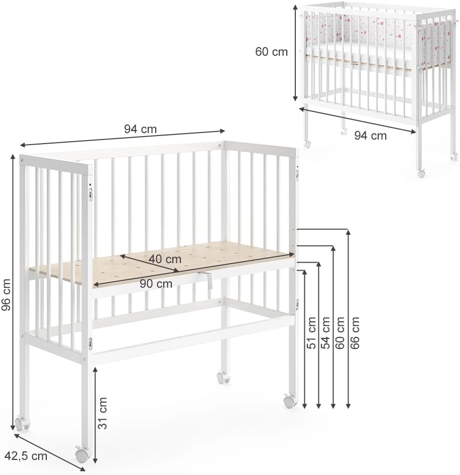 Lettino da attaccare al letto Sophie, Bianco, 94 x 42.5 cm 2 guide laterali, regolabile in altezza con ruote e fissaggio al letto dei genitori