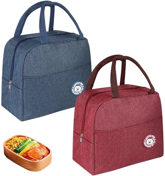 Set da 2 pezzi di piccola valigetta termica 7L, con rivestimento in pellicola, a isolamento termico, con colori blu e rosso, valigetta termica portatile, piccola valigetta pieghevole per picnic, scuola, ufficio, viaggi.