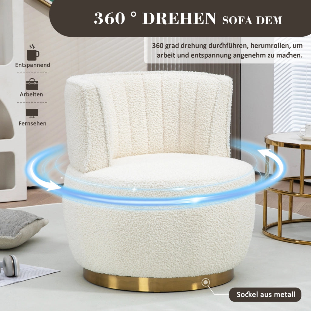 Poltrona girevole 360Â° con schienale ergonomico; seduta spessa e struttura in legno e metallo bianco