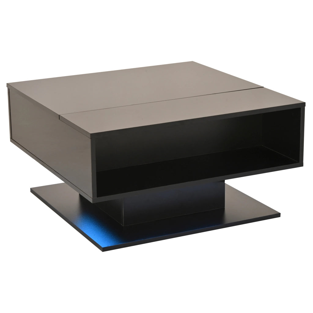 Tavolino da salotto alzabile 80x75x40 cm con LED e vano contenitore; truciolare nero lucido