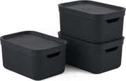 Set di 3 contenitori di archiviazione decorativi da 5 l con coperchio, plastica (PP riciclata), nero, 3x5 l (26,5 x 18,5 x 20 cm)