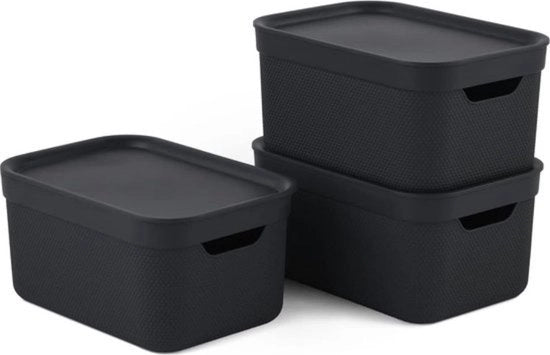 Set di 3 contenitori di archiviazione decorativi da 5 l con coperchio, plastica (PP riciclata), nero, 3x5 l (26,5 x 18,5 x 20 cm)