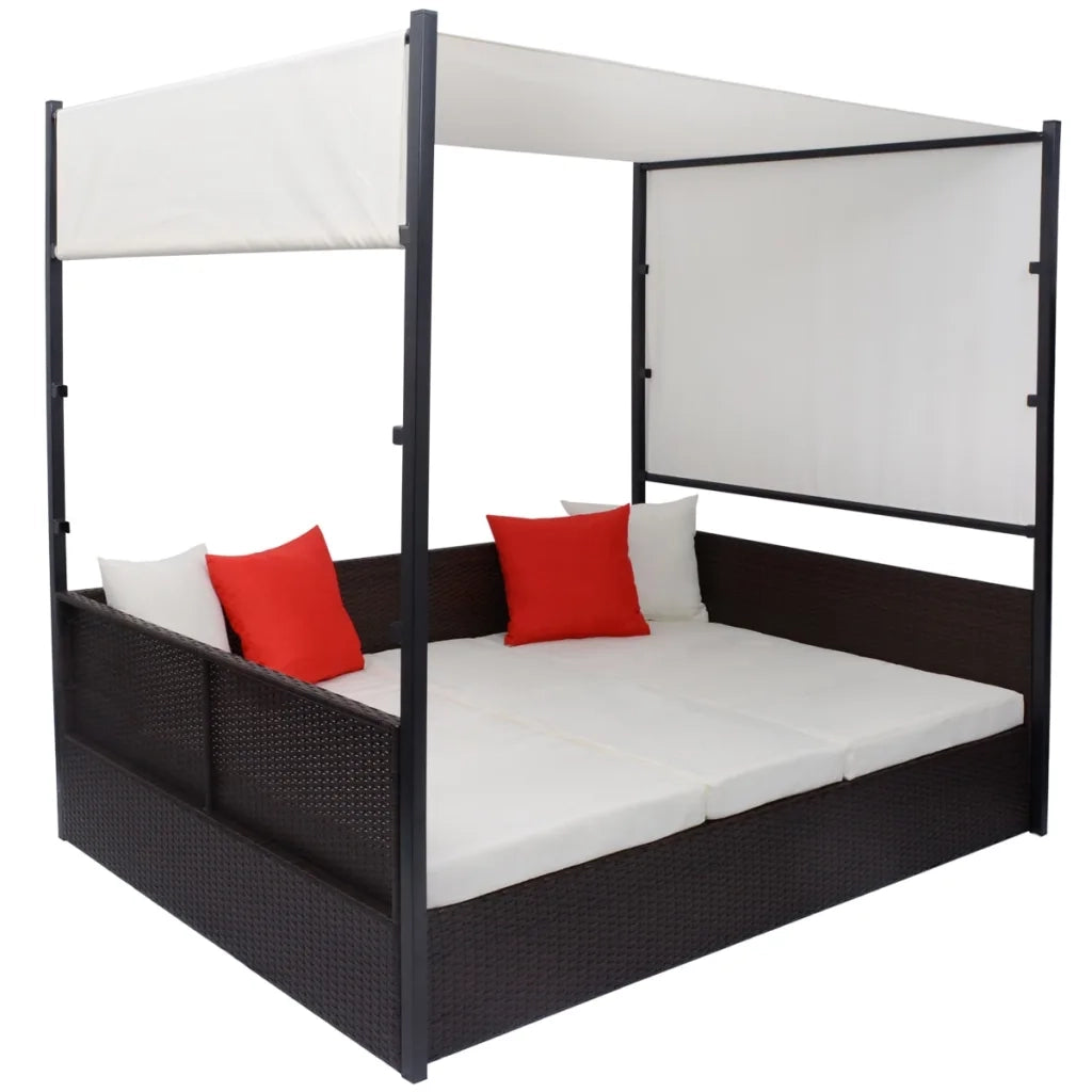 Lettino da Giardino con Tetto Marrone 190x130 cm in Polyrattan 42900