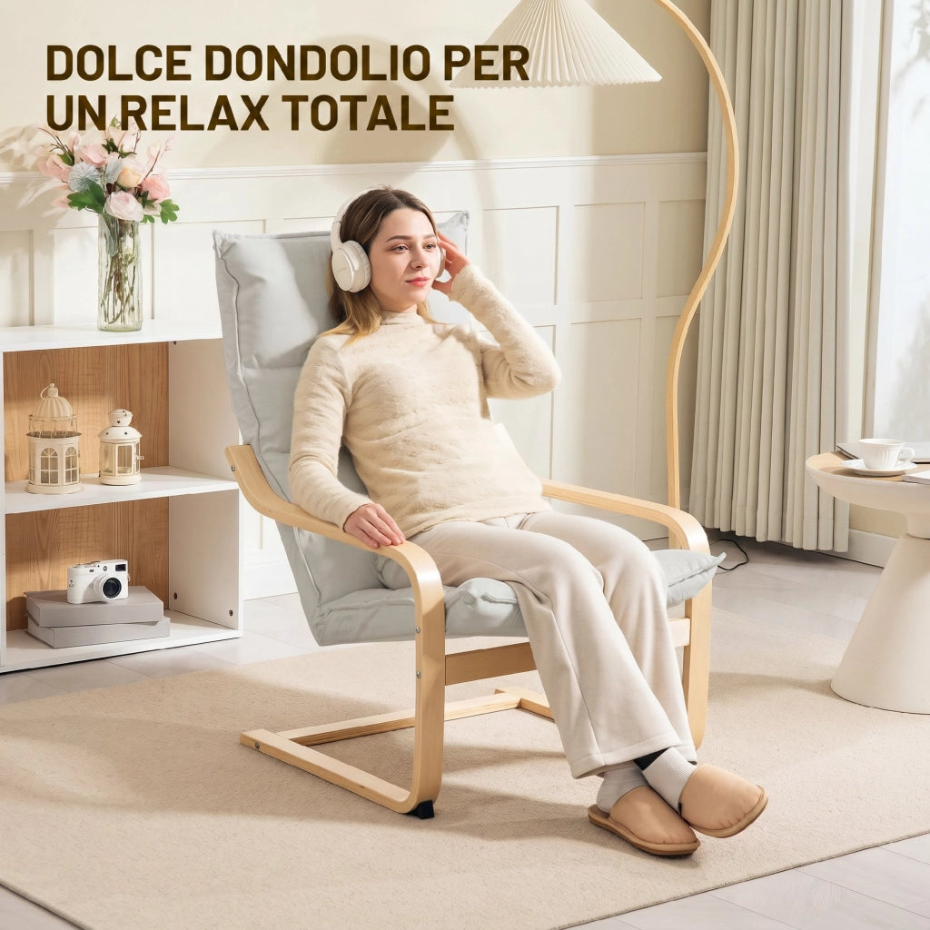 Poltrona a Dondolo Moderna 67x83x105 cm con Braccioli in Legno e Cuscini Spessi in Velluto Crema