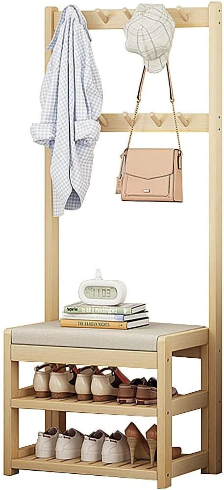Appendiabiti in Legno, Appendiabiti indipendenti, Appendiabiti con Panca per Scarpe e 5 Ganci, Appendiabiti per Camera da Letto, casa, Ufficio, Interni