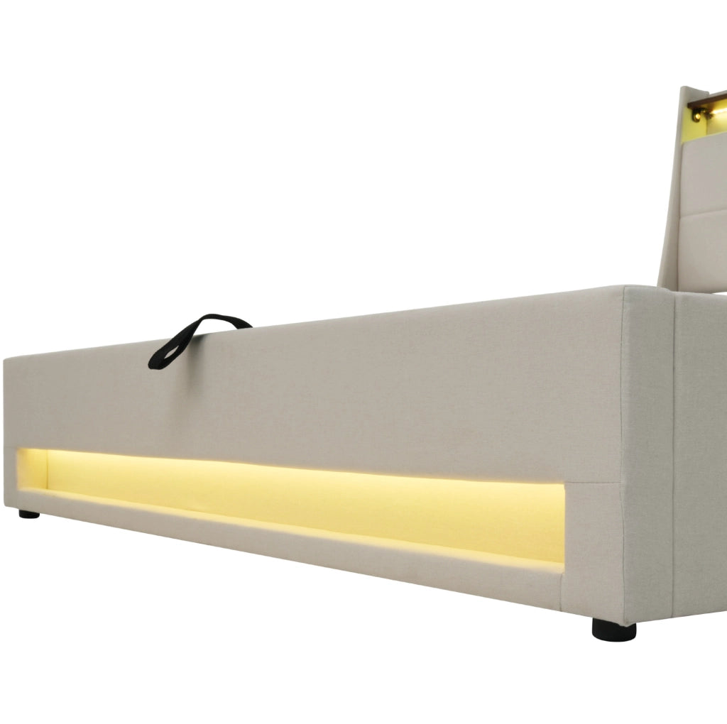 Letto imbottito 140x200 cm con LED, USB e contenitore
