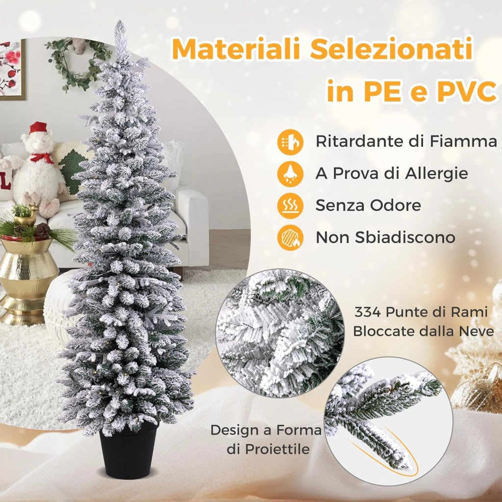 Albero di Natale Slim Pre-illuminato 150/180 CM, Albero di Natale Innevato con 120/140 Luci LED Bianche Calde, 249/334 Rami e 8 Modalità di Illuminazione e Vaso (180 CM)