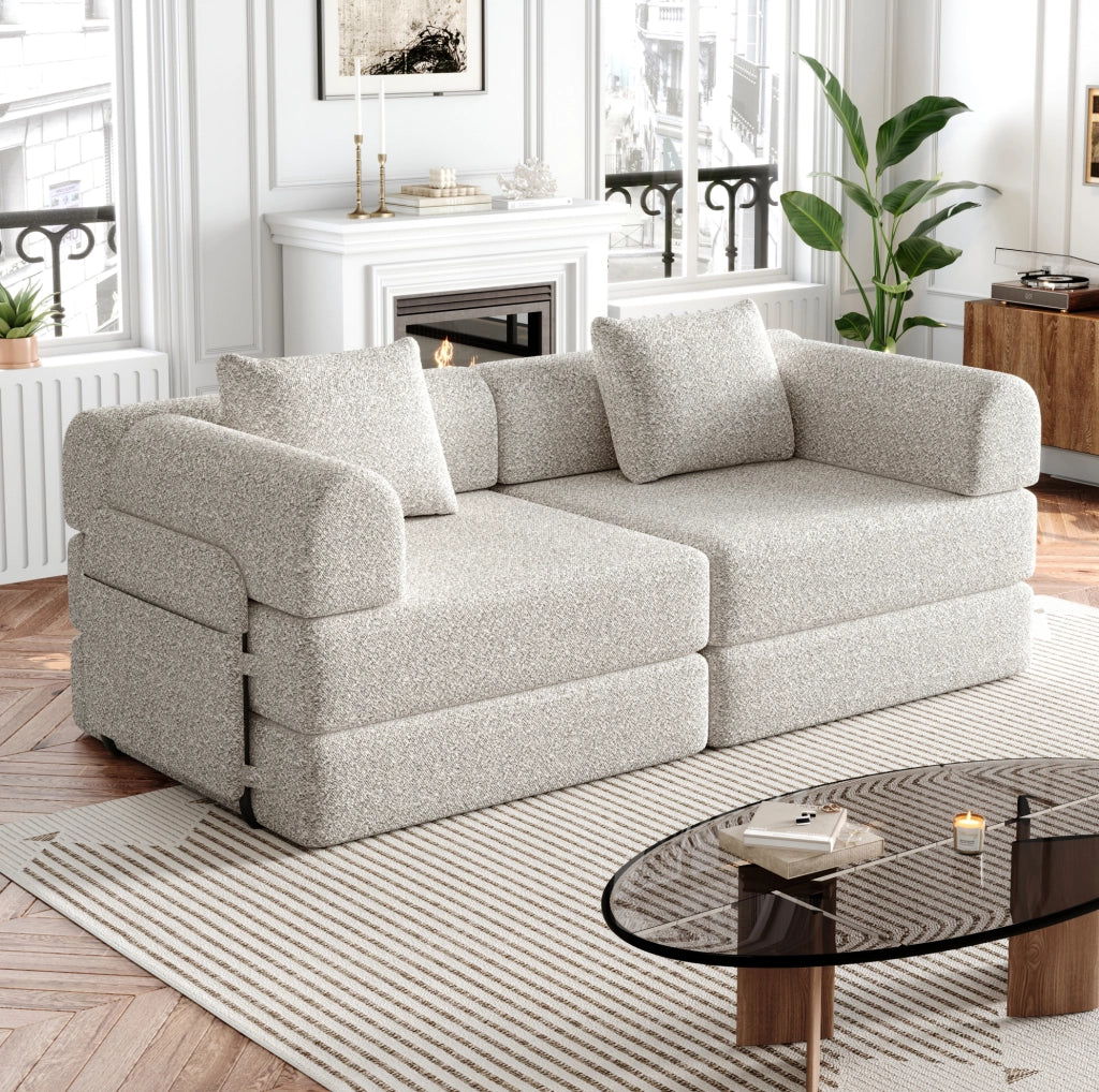 Divano letto singolo 2 in 1 con vano bracciolo in chenille khaki