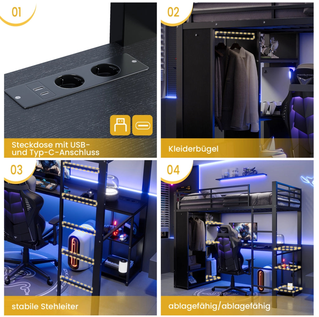 Letto a soppalco 90x200 cm con scrivania e LED nero