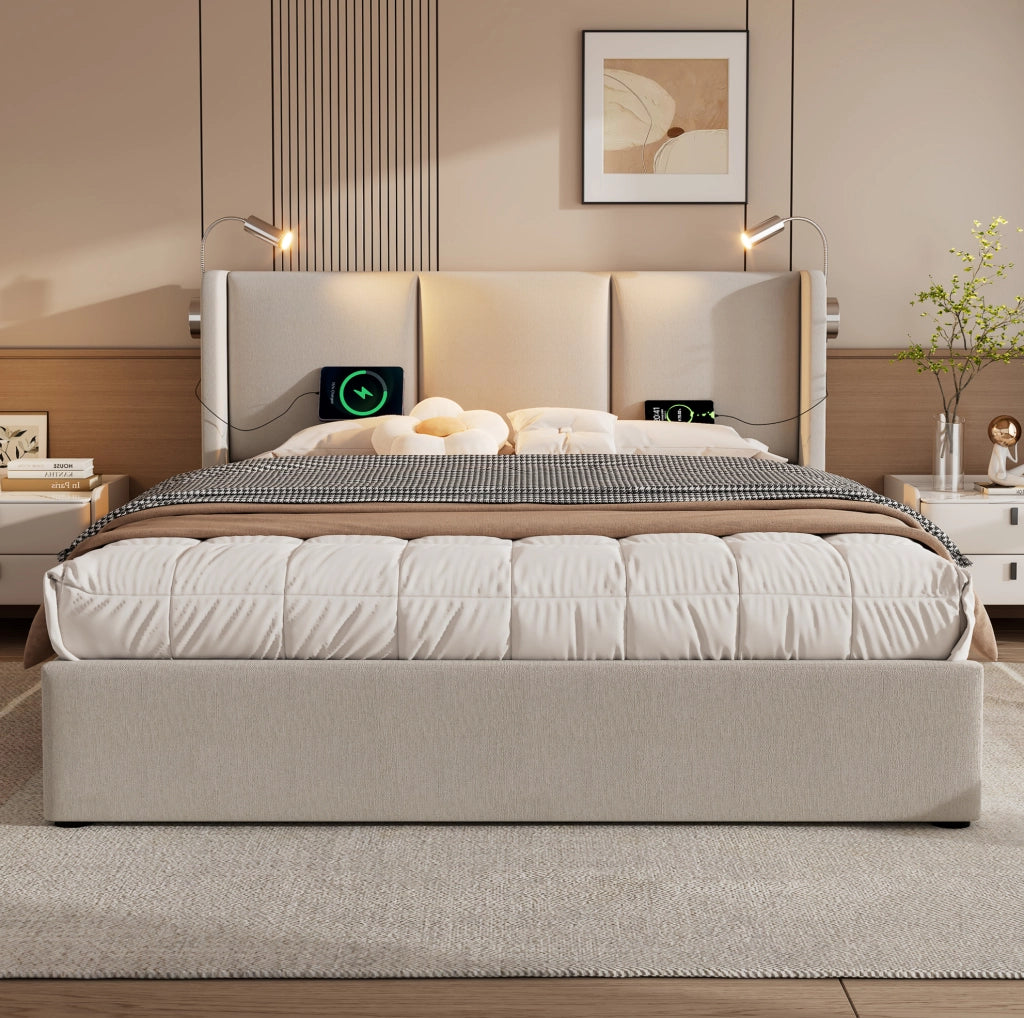 Letto imbottito 160x200 cm beige con contenitore e luce USB
