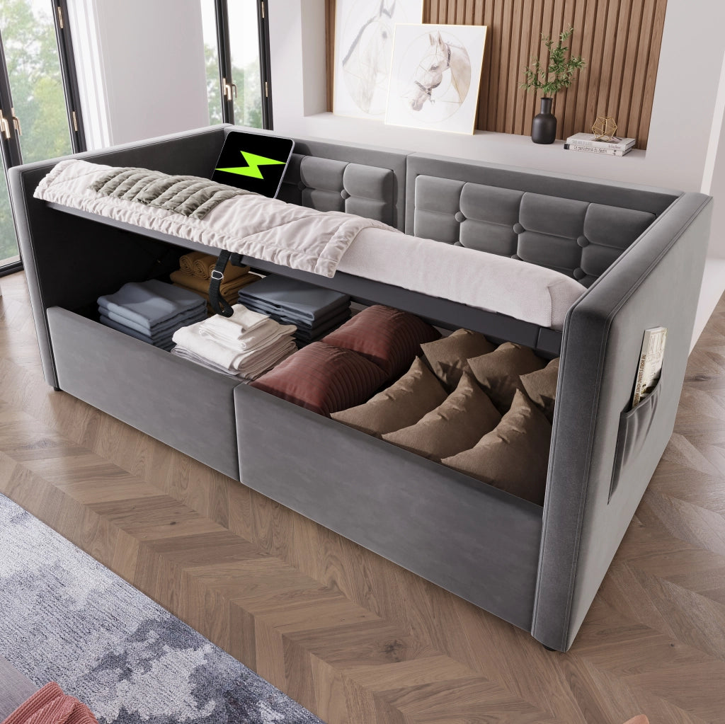 Divano letto con vano contenitore, ricarica USB e Type-C, 90x200 cm, grigio