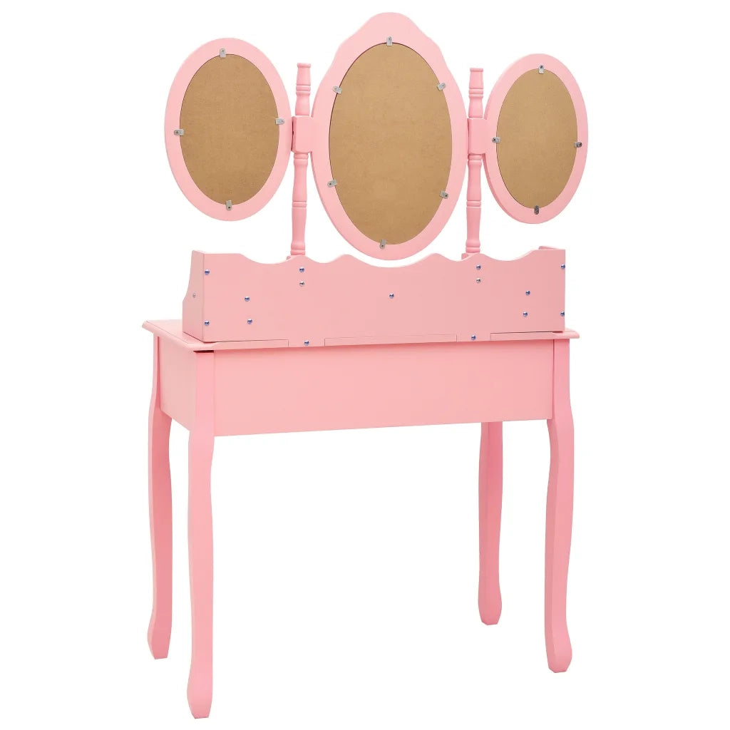 Tavolo da Trucco con Sgabello e Specchio Pieghevole in 3 Rosa cod mxl 73689