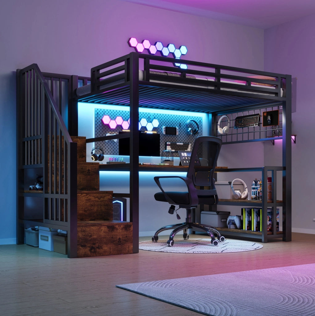 Letto a soppalco 90x200 cm nero con scrivania, LED, scaffale e ricarica USB-C
