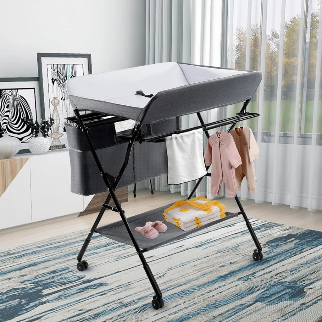 Fasciatoio Pieghevole Portatile, Bagnetto Cambio Pannolini per Bambini Neonati, con Ruote e Vaschetta, Altezza Regolabile 79.5x66x97-101 cm (Grigio)