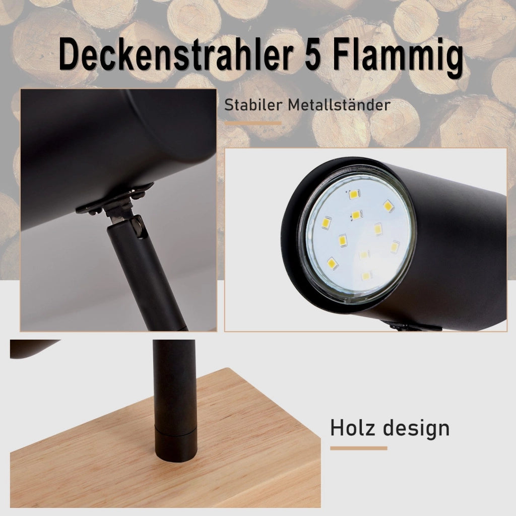 ZMH Plafoniera a 5 luci in legno nero GU10 Plafoniera per corridoio camera da letto