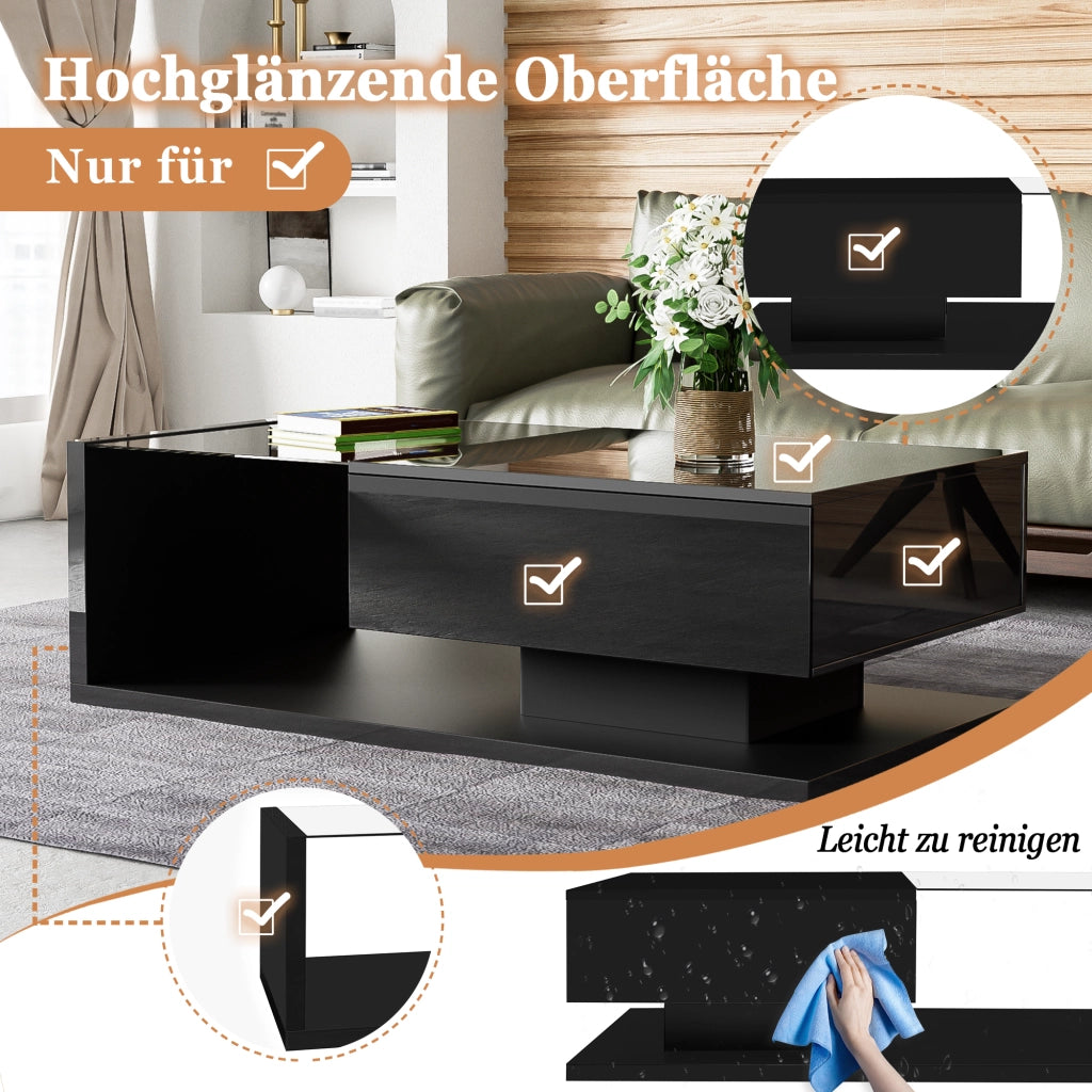 TAVOLINO DA SALOTTO 105x55x32,5 cm Nero Lucido con vetro e LED