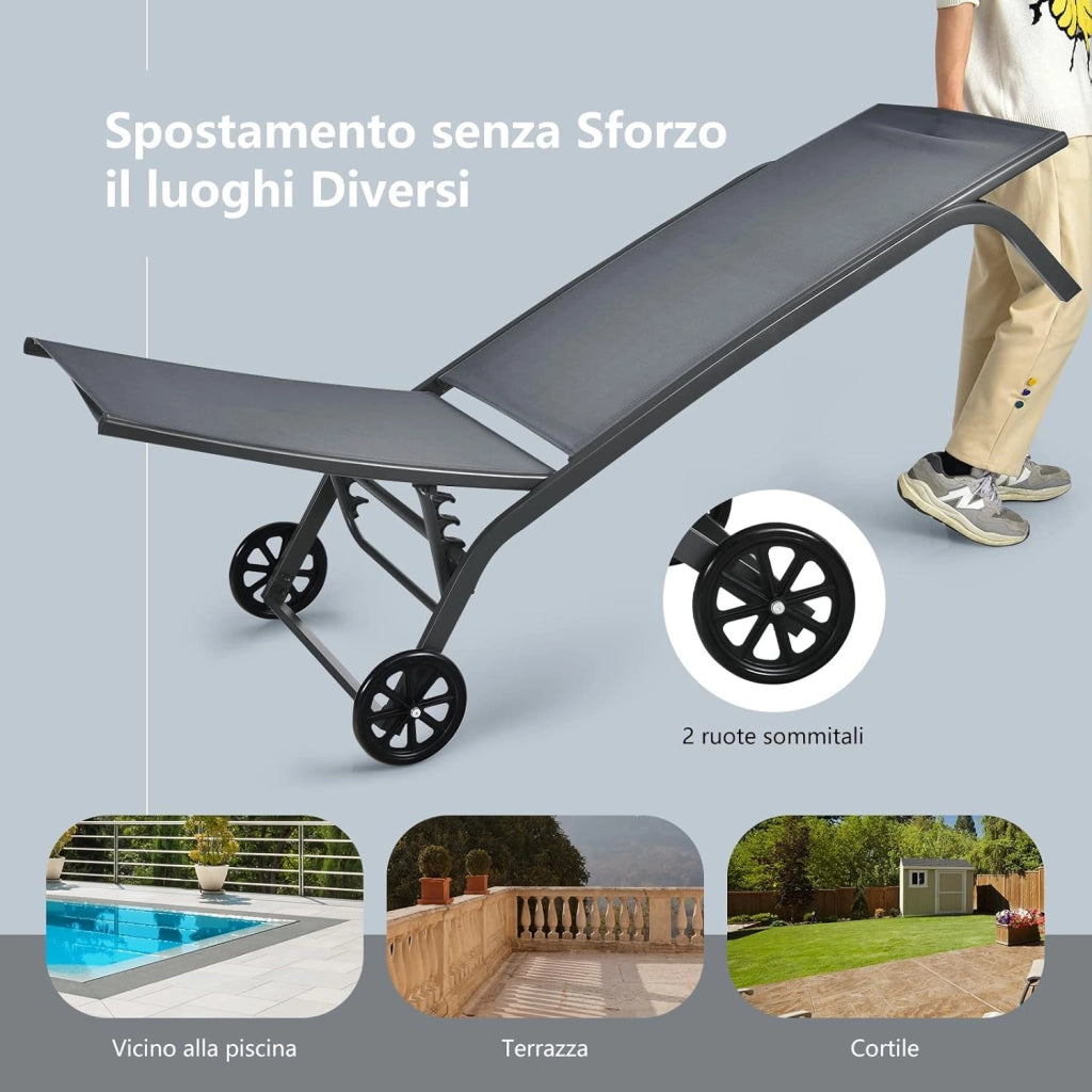 Lettino Prendisole con Ruote, Sdraio da Giardino Regolabile in 6 Posizioni, Struttura Metallica e Tessuto Traspirante, per Giardino, Piscina e Spiaggia, Portata 150 kg (1, Grigio)