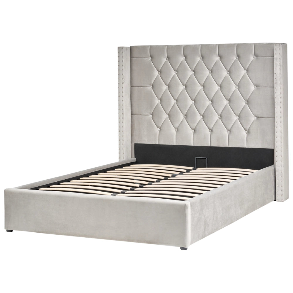 Letto contenitore velluto grigio chiaro e argento 140 x 200 cm glamour elegante