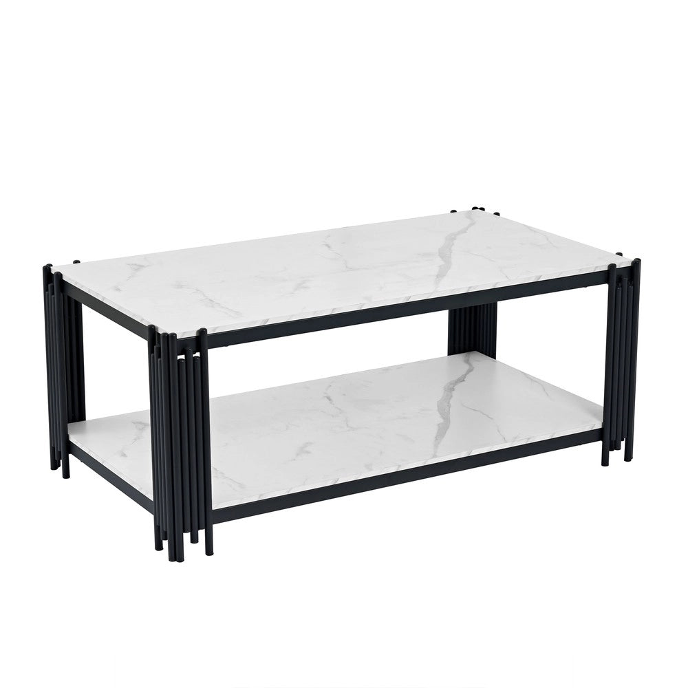 Tavolino da Salotto Rettangolare ¨C MINIMAL ¨C Piano Effetto Marmo, Gambe in Metallo, Bianco/Nero, 140x64x46 cm