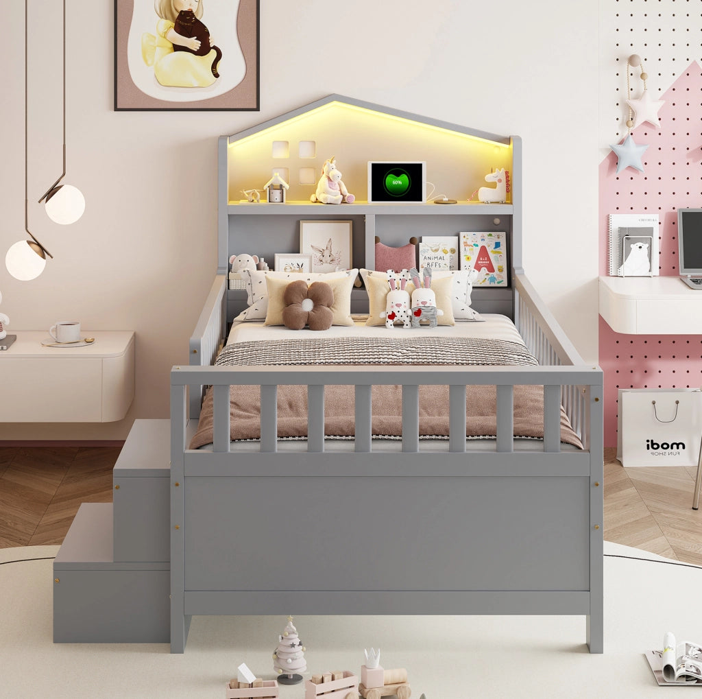 Letto per bambini 90x200 cm con 4 cassetti; LED; USB e Type-C; in legno massello; grigio