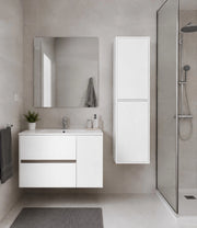 Mobile Bagno HEIMDALL Già Montato 2 cassetti e porta, lavabo e specchio Bianco lucido 70x45 cm con colonna