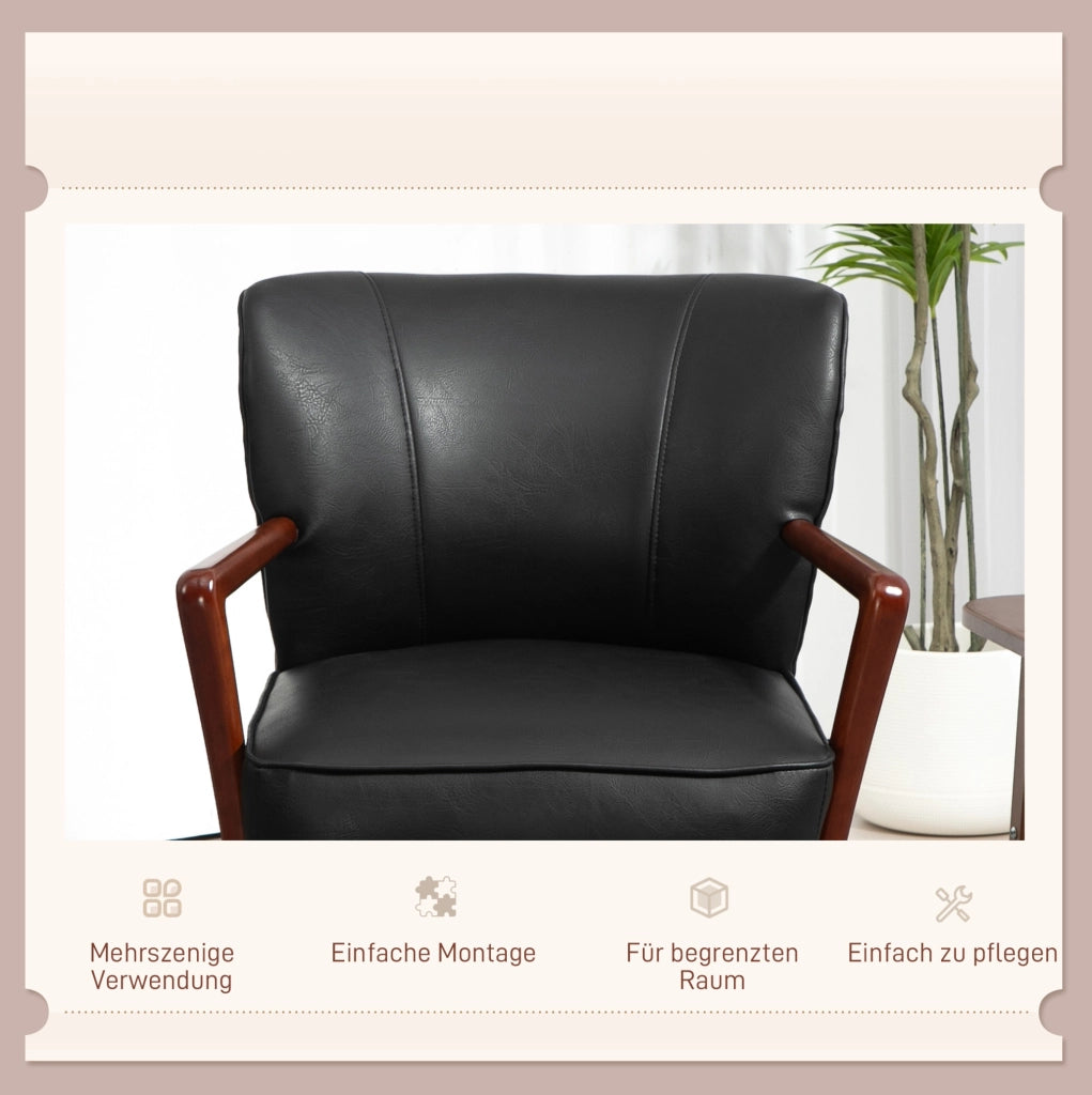 Poltroncina imbottita nera con braccioli e gambe in legno