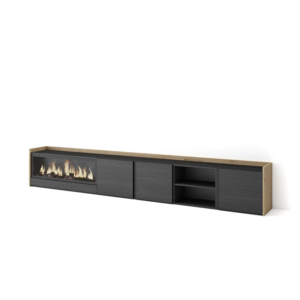 Mobile TV Soggiorno, 315x50x35 cm, Per TV fino a 80", Camino elettrico XXL, Nero e rovere
