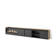 Mobile TV Soggiorno, 315x50x35 cm, Per TV fino a 80", Camino elettrico XXL, Nero e rovere