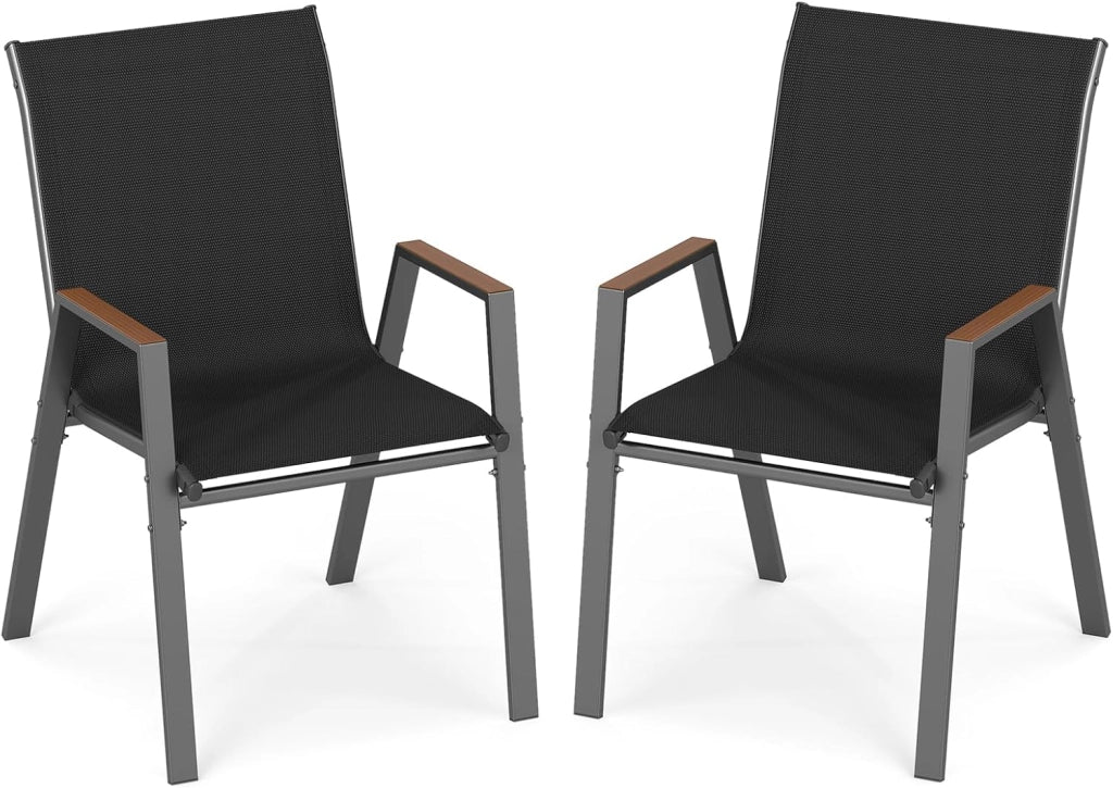 Set di 2/4 Sedie da Giardino, Poltrone in Tessuto Textilene per Esterno, Sedie Impilabili con Gambe in Metallo, Portata 180 kg, 56 x 66 x 88 cm (Nero,4)