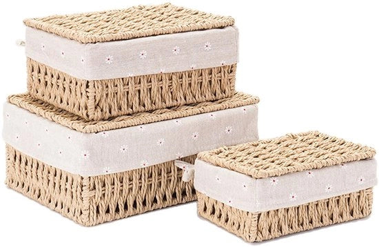Scatola di archiviazione con coperchio - 3 pezzi - Organizzatore di carta igienica - Intrecciato - Organizzatore della cabina da bagno - Decorazione boho