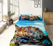 Completo Letto Lenzuola 100% Cotone Set Lenzuolo Moderno Sotto Sopra Federe Due Stampe In Altissima Definizione Dis45CinqueTerre - Matrimoniale